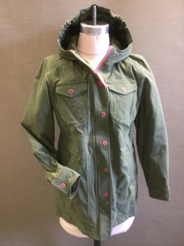 L L BEAN, Olive Green, Pink, Polyester, Solid, Parka, Zip and Snap Front Closure, Pink Snaps and Pink Detailing. Lightly Padded, Faux Fur Lined Hood ( Available in Double)