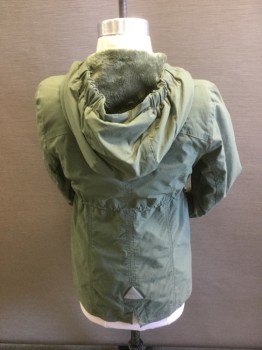 L L BEAN, Olive Green, Pink, Polyester, Solid, Parka, Zip and Snap Front Closure, Pink Snaps and Pink Detailing. Lightly Padded, Faux Fur Lined Hood ( Available in Double)