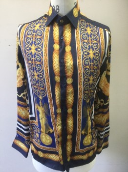 MONDO, Navy Blue, Polyester, Novelty Pattern, with Gold Leaf/Roman Inspired Pattern, with Swirled Gold Metalwork Pattern, Greek Statue, Eagle Statue, Etc, Long Sleeve Button Front, Collar Attached,