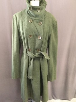 COLLECTION GALLERY, Olive Green, Wool, Zig-Zag , Heathered Olive with Self Zigzag Weave, Collar Attached, Double Breasted, Belt, Slit Pockets, **Belt**