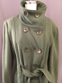 COLLECTION GALLERY, Olive Green, Wool, Zig-Zag , Heathered Olive with Self Zigzag Weave, Collar Attached, Double Breasted, Belt, Slit Pockets, **Belt**