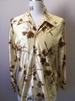 PAUL CHANG, Yellow, Brown, White, Orange, Polyester, Floral, Peaked Collar, Button Front, Ls