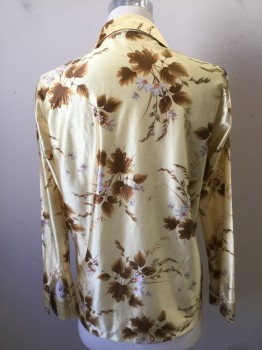 PAUL CHANG, Yellow, Brown, White, Orange, Polyester, Floral, Peaked Collar, Button Front, Ls