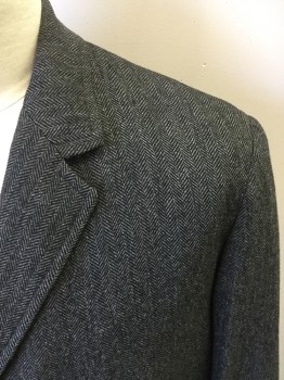 ALPACUNA, Charcoal Gray, Wool, Herringbone, Single Breasted, Collar Attached, Notched Lapel, 2 Pockets, Hem Below Knee, 2 Flap Pockets, Turned Back Cuff
