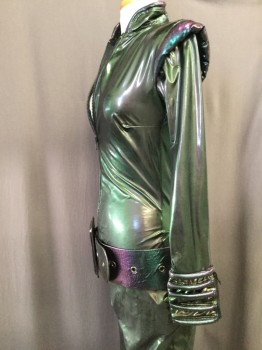 N/L, Iridescent Green, Iridescent Purple, Vinyl, Solid, Zip Front, Long Sleeves, Stand Collar, Fat Piping at Collar and Sleeve Cuffs, Cuffs Have Zips, Shoulder Pads with Padded Shoulder Accent