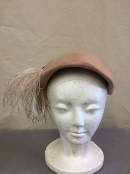 CLOVER LANE, Dusty Rose Pink, Wool, Feathers, Solid, Soft Small Fur felt Beret with Wire Structure,