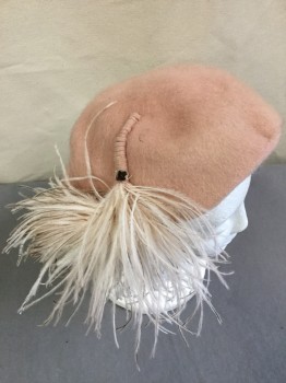 CLOVER LANE, Dusty Rose Pink, Wool, Feathers, Solid, Soft Small Fur felt Beret with Wire Structure,