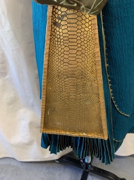 MTO, Gold, Turquoise Blue, Teal Blue, Plastic, Leather, Waist Sash, Cylinder Teal Beads on Waist, 2 Layer Leather Piece Hangs Down Center with Metallic Feathers,Turquoise Stones, & Owl at Center Waist, Velcro Back