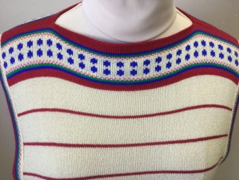 CONTESSINA, Cream, Raspberry Pink, Blue, Green, Pink, Acrylic, Novelty Pattern, Stripes - Horizontal , Pullover, Side Ties Underarms, Boat Neck,
