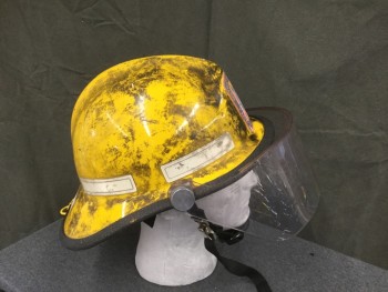 N/L, Yellow, Black, Fiberglass, Solid, Fireman Helmet, Yellow Fiberglass, Black Plastic Trim, Clear Movable Face Shield, Adjustable Chin Strap, Aged, "District of **** Fire and EMS" Sticker on Front