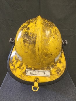 N/L, Yellow, Black, Fiberglass, Solid, Fireman Helmet, Yellow Fiberglass, Black Plastic Trim, Clear Movable Face Shield, Adjustable Chin Strap, Aged, "District of **** Fire and EMS" Sticker on Front