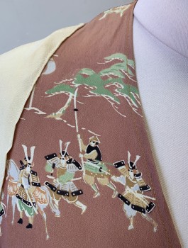 N/L, Ivory White, Mauve Pink, Mint Green, Beige, Silk, Asian Inspired Theme, Solid, Wrap Blouse, Cream Long Flared Sleeves, Torso is Dusty Mauve with Japanese Soldiers Print, Crepe, V-neck, Self Ties at Side Waist, Has Tiny Holes in Left Sleeve See Detail Photo,