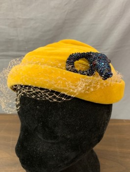 SHERMAN, Mustard Yellow, Beige, Black, Velvet Covered with Self Pleated Crown, Attached Beige Netting, Beige Velvet Tiny Bows, and Black Beaded Snake/Dog with Red Beaded Eyes,