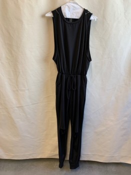 JNK, Black, Cotton, Spandex, Solid, Knit, Scoop Neck, Zip Back, Large Armholes, Elastic Waistband, Faux Drawstring Tie Center Front Waist, 2 Pockets, Cuffs, Slashes at Knees