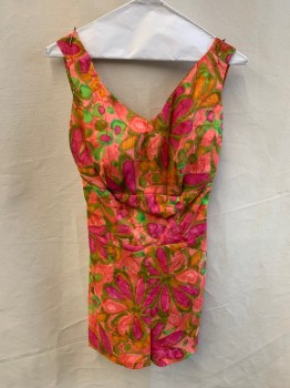 KAHALA, Salmon Pink, Magenta Pink, Lime Green, Synthetic, Floral, Abstract , Zip Back, Side Smocking, Inside Structure, Bloomers, Straps Adjustable Into Halter