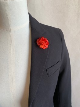 CALVIN KLEIN, Black, Polyester, Rayon, Solid, Single Breasted, Collar Attached, Notched Lapel, 2 Buttons,  3 Pockets, Red Faux Flower Pinned to Lapel
