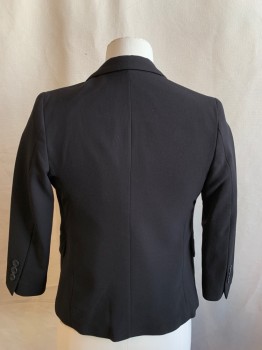 CALVIN KLEIN, Black, Polyester, Rayon, Solid, Single Breasted, Collar Attached, Notched Lapel, 2 Buttons,  3 Pockets, Red Faux Flower Pinned to Lapel