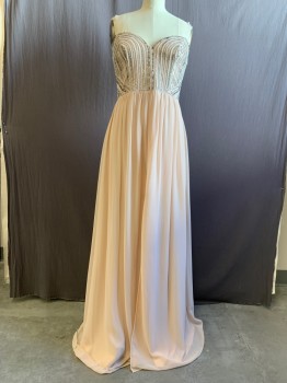 AQUA DRESSES, Blush Pink, Polyester, Solid, Strapless, White and Silver Striped Beaded Mesh Bodice, Chiffon Gathered Skirt, Floor Length Hem