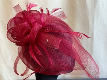 N/L, Cranberry Red, Plastic, Feathers, Solid, Ribbon Wrapped Headband with Plastic Horsehair Rosette and Veil, Rhinestones and Feathers