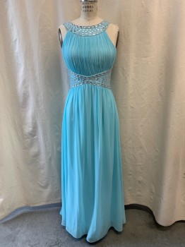 QUIZ, Sky Blue, Polyester, Round Neckline, Waist Band Goes From Thin at Center to Thicker on Sides, Rectangle Rhinestones on Neckline & Waist Band, Pleated Bodice, Shirred Back, Floor Length