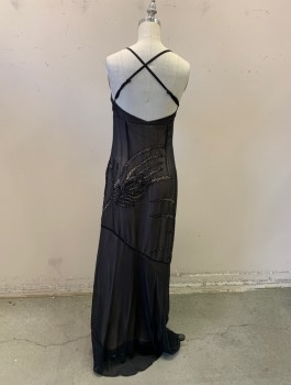 BCBG, Black, Champagne, Silk, Champagne Satin with Black Chiffon Overlay, Beaded Abstract Shape Fagoting, Adjustable Spaghetti Straps That Cross in the Back, Side Zip, Floor Length Hem