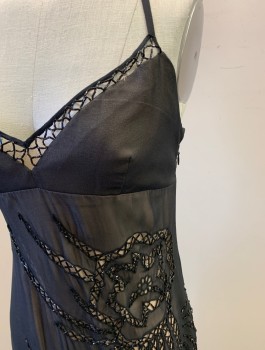 BCBG, Black, Champagne, Silk, Champagne Satin with Black Chiffon Overlay, Beaded Abstract Shape Fagoting, Adjustable Spaghetti Straps That Cross in the Back, Side Zip, Floor Length Hem