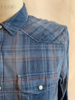 LUCKY BRAND, Blue, Blue-Gray, Red Burgundy, Gray, Cotton, Plaid, C.A., Snap Front, 2 Pckts, L/S, 2 Snap and 1 Button Cuffs