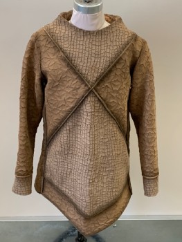 N/L, Taupe, Sienna Brown, Synthetic, Textured Fabric, Tunic, Wide Neck, 2 Different Fabric Patterns, Piping Criss Crossing Front & Back, Also Sides/ Cuffs / Bottom, L/S, Front & BackTiered Fabric, Back Zip, Aged/ Distressed