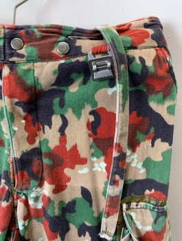 N/L, Tan Brown, Red-Orange, Green, Black, Cotton, Polyester, Camouflage, Cargo Pant, Button Fly, Corded Adjustable Hem, Faux Overalls With Metal Cam Buckles, Silver Notions, Plastic/Rubber Patches On Knees