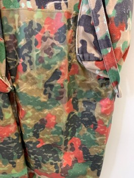 N/L, Tan Brown, Red-Orange, Green, Black, Cotton, Polyester, Camouflage, Cargo Pant, Button Fly, Corded Adjustable Hem, Faux Overalls With Metal Cam Buckles, Silver Notions, Plastic/Rubber Patches On Knees