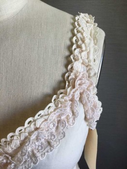 Cream, Cotton, Lace, Button Front, V-neck, Layered Scallopped Lace & Open Work Trim, Faint Water Stain