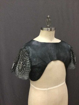 Black, Silver, Leather, Metallic/Metal, Solid, Roman Armor Upper Body, With Chain-mail Short Sleeve,  Lacing/Ties In Back