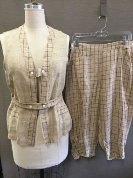 NANCY MAID, Tan Brown, Red, Black, Linen, Solid, Plaid - Tattersall, 2 Piece Authentic Golf/Athletic Set: Tan Burlap Like Material, Sleeveless, Red + Black Tattersall Pattern Trim, Vest Like, W/Open Front W/2 White Button Closures, 2 Patch Pockets At Hips