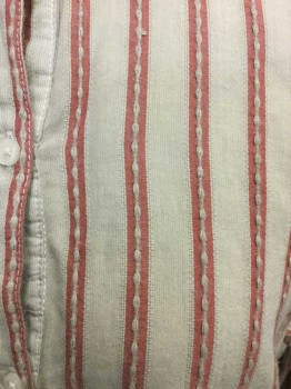 ABERCROMBIE & FITCH, Off White, Faded Red, Cotton, Stripes, Pull On, 4 Buttons, Collar Band, Long Sleeves,aged Distressed