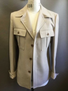N/L, Beige, Polyester, Solid, Leisure Jacket, Bumpy Textured Polyester, Single Breasted, 4 Buttons, Notched Collar Attached, 4 Pockets, Folded Cuffs,