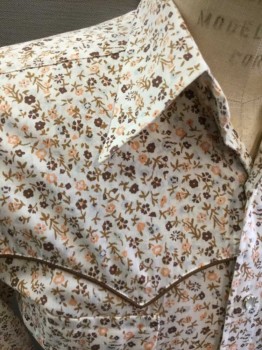 Sanger Harris, White, Peach Orange, Dk Brown, Lt Brown, Lt Gray, Poly/Cotton, Floral, White Background with Peach/Browns/Lt Gray FloralCream Marble Snap Front, Long Sleeves, Western Yoke, Pointed Collar Attached, 2 Flap Pockets, Brown Piping