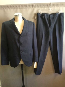 NO LABEL, Navy Blue, Wool, Stripes - Vertical , 3 Button Closure, 3 Pockets, Navy with White Vertical Pinstripes,
