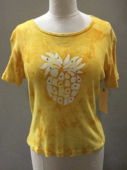 Kim & Cami, Mustard Yellow, Off White, Cotton, Novelty Pattern, Tie-dye, Short Sleeve,  Scoop Neck, Ribbed Knit, Pineapple Print On Front, Multicolor Rhinestones