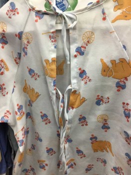 White, Tan Brown, Blue, Red, Polyester, Graphic, Clown & Elephant Graphic, Short Sleeve,  Lacing/Ties Up Back,  See Photo Attached,