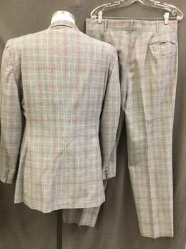 J.K., Gray, Cream, Cranberry Red, Wool, Cotton, Plaid, Single Breasted, 2 Buttons,  Notched Lapel, 3 Pockets,