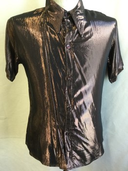 SLOW, Copper Metallic, Dk Brown, Polyester, Solid, Shinny, Collar Attached, Button Front, S/S,