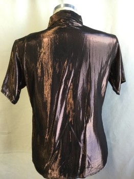 SLOW, Copper Metallic, Dk Brown, Polyester, Solid, Shinny, Collar Attached, Button Front, S/S,