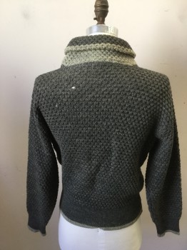 REVERE, Gray, Lt Olive Grn, Wool, Color Blocking, Pullover, Shawl Collar, Lt Olive Colorblock Neck, Bubble Knit, Long Sleeves, Ribbed Knit Cuff/Waistband with Lt Olive Trim (Holes in Back, Back of Left Sleeve and Center Back Hem)