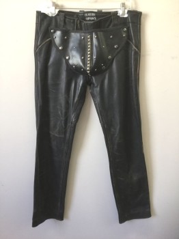 LEATHER MANIACS, Black, Silver, Leather, Metallic/Metal, Solid, Straight Leg, Detachable Codpiece at Groin with Silver Metal Circular and Pyramid Shaped Studs, 2 Zippers at Fly, 3 Pockets, Belt Loops, Fetish Wear/"Leather Daddy"