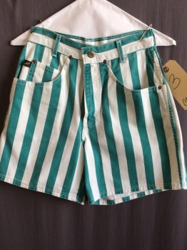 CHIC, Teal Green, White, Cotton, Stripes - Vertical , Jean Cut, Zip Front, 5 Pockets