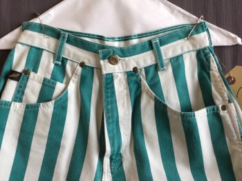 CHIC, Teal Green, White, Cotton, Stripes - Vertical , Jean Cut, Zip Front, 5 Pockets