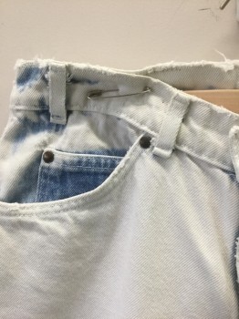 LEVI'S, White, Denim Blue, Cotton, Faded, Solid, Bleached White Denim with Blue Denim Peeking Out at Pockets/Waist, Classic Tapered Leg, Zip Fly, 5 Pockets, Some Light Stains Lower Left Leg