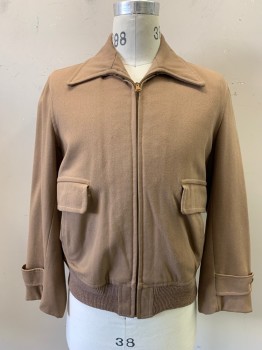 GREAT WESTERN , Dusty Brown, Wool, Solid, Zip Front, Collar Attached, 4 Pockets, Long Sleeves, Button Tab at Cuff, Ribbed Knit Waistband *Sleeve Hems Fraying with Holes, Repaired Hole in Waistband Front