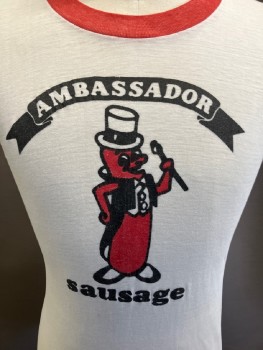N/L, Off White, Red, Black, Cotton, Polyester, Solid, Text, CN, S/S, Red Rib Knit On Neck & Sleeves, Picture of a Sausage with Hat on and "AMBASSADOR SAUSAGE"