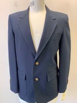 N/L, Navy Blue, Polyester, Solid, 2 Button Front, Notched Lapel, 3 Pockets,